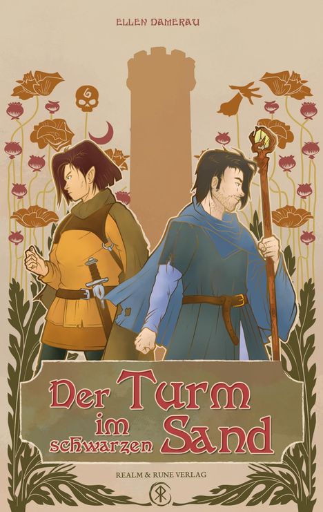 Text: "Der Turm im schwarzen Sand", "Ellen Damerau", "Realm & Rune Verlag". Zwei Figuren vor einem Turm, umgeben von Blumen.