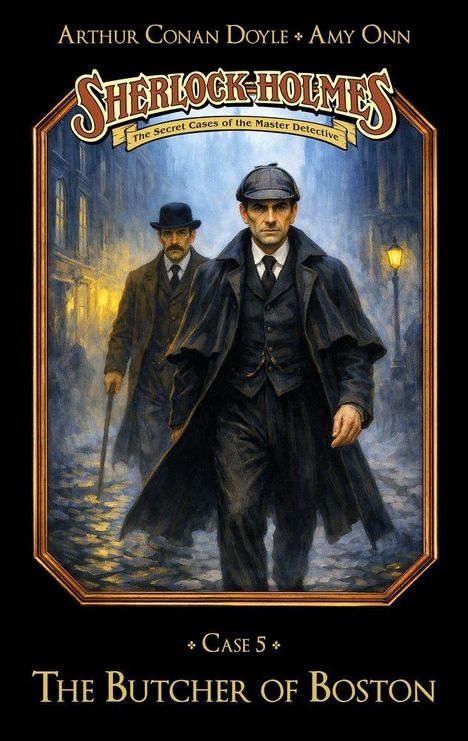 "Arthur Conan Doyle, Amy Onn, Sherlock Holmes: The Secret Cases of the Master Detective, Case 5, The Butcher of Boston." Illustration: Zwei Männer im Regenmantel auf einer dunklen Straße.