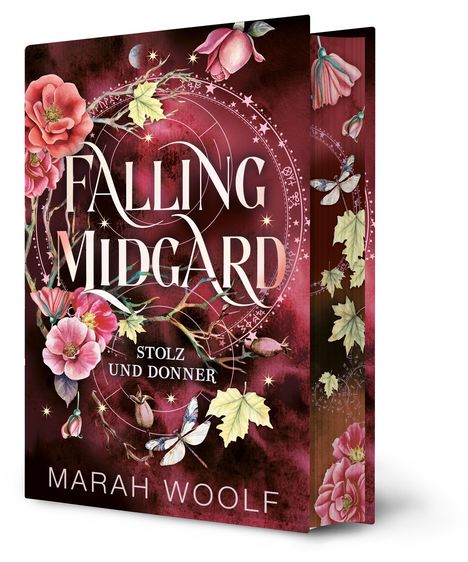 "Falling Midgard: Stolz und Donner" von Marah Woolf. Gestaltung mit floralen Mustern, Schmetterlingen und einem mystischen Kreis.