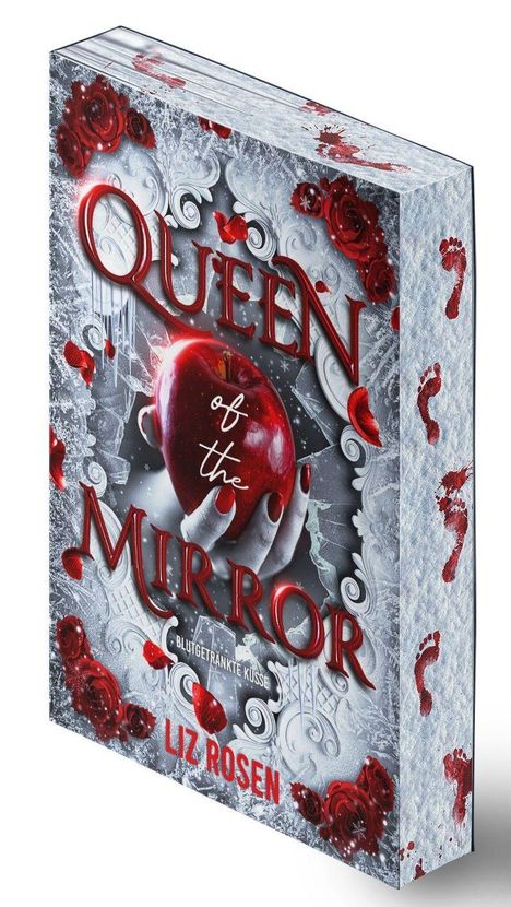 "Queen of the Mirror: Blutgetränkte Küsse, Liz Rosen" in roten Lettern über einer Hand mit rot lackierten Nägeln.