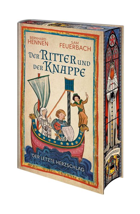 Buchtitel: "Der Ritter und der Knappe - Der letzte Herzschlag". Illustration eines Bootes mit drei Figuren auf Wellen.