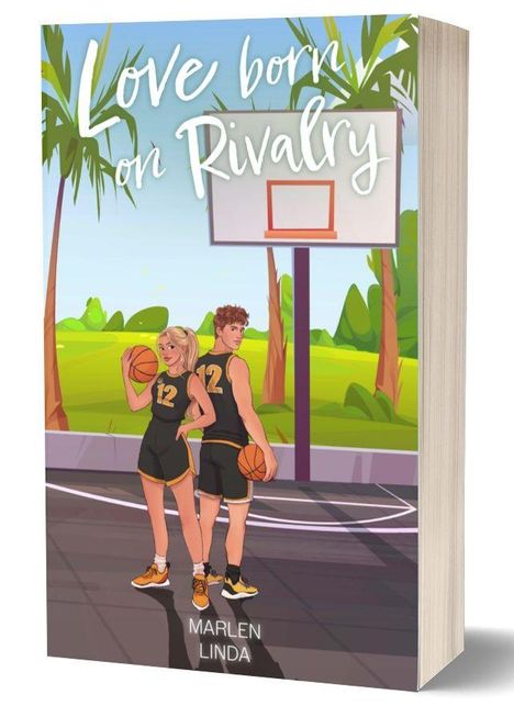 „Love born on Rivalry“ oben, „MARLEN LINDA“ unten. Illustration: Zwei Basketballspieler vor Korb in grüner Umgebung.