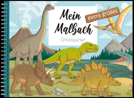 „Mein Malbuch, Dinosaurier, extra großes“. Illustration von Dinosauriern vor Vulkanen und Bergen.