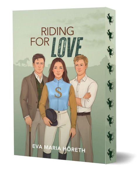 Titel: "Riding for Love". Drei Personen in Reitbekleidung, mittlere Person hält Reithelm. Illustration mit Pferdesilhouetten.