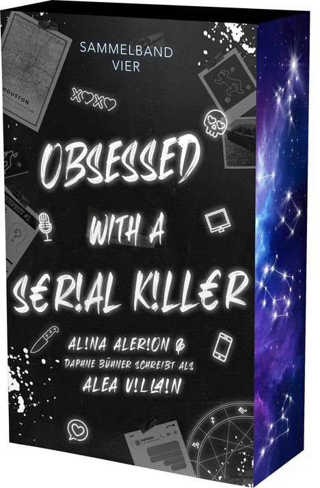 "Sammelband Vier: Obsessed with a Serial Killer" steht in leuchtend weißer Schrift. Daneben sind Symbole und ein Galaxienmuster.