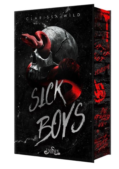Text: Clarissa Wild, Sick Boys, Unholy. 
Ein dunkler Hintergrund mit einem Schädel, Schlange und Rose in Rot.
