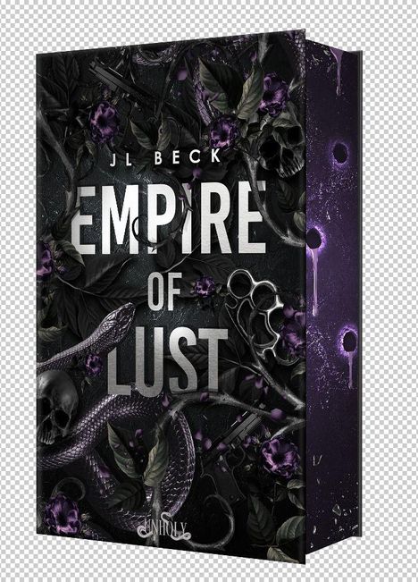 "JL BECK EMPIRE OF LUST UNHOLY." Cover mit dunklen Blättern, lila Blumen und einer Schlange um einen Schädel.