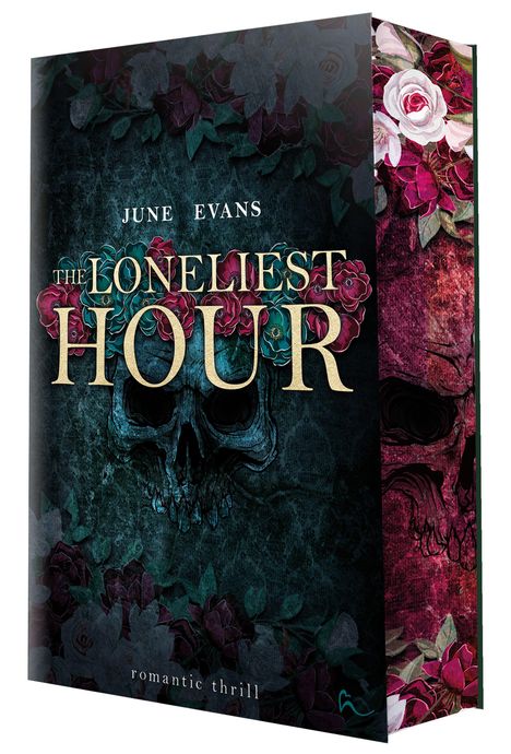 „The Loneliest Hour“ von June Evans, romantischer Nervenkitzel. Totenkopf mit Rosen verziert.