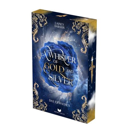 Titel: A Whisper of Gold and Silver. Autor: Lainey Darson. Untertitel: Das Erwachen. Reich verzierte, blaue Buchgestaltung.