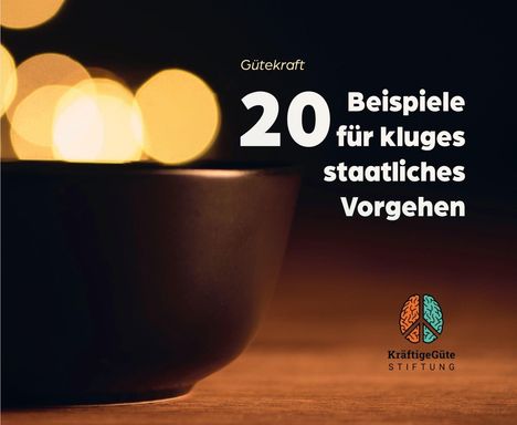 „Gütekraft: 20 Beispiele für kluges staatliches Vorgehen.“ Logo mit Gehirn-Design unten rechts, warme Lichtkugeln.