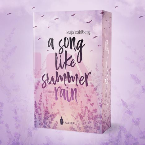 „a song like summer rain“, Maja Dahlberg. Ein Buchcover in Pastelltönen mit Vögeln und Lavendelblüten.