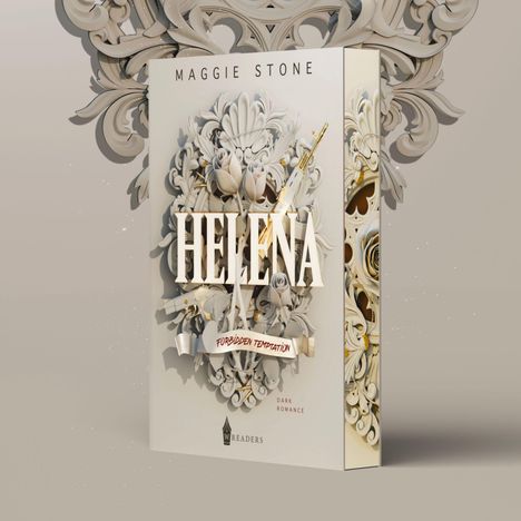 "HELENA", "FORBIDDEN TEMPTATION", "MAGGIE STONE", "DARK ROMANCE", verziert mit floralen Elementen, darunter Leser-Logo.
