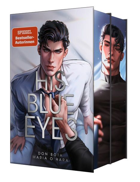 „His Blue Eyes“, Spiegel Bestseller. Zwei Illustrationen eines dunkelhaarigen Mannes, einmal mit und einmal ohne Zigarette.