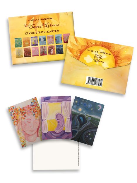 "Im Tanz des Lebens", "13 Kunstpostkarten" stehen auf gelbem Umschlag. Darunter bunte, abstrakte Kunstwerke und Karten.