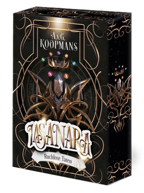 A.V.G. KOOPMANS. TASANARA. Ruchlose Taten. Dunkles, verziertes Design mit Edelsteinen und einem Ornament.