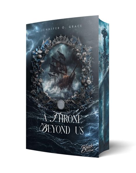 „Jennifer O. Grace“, „A Throne Beyond Us“. Ein Schiff in stürmischer See, umrahmt von ornamentalen Mustern.