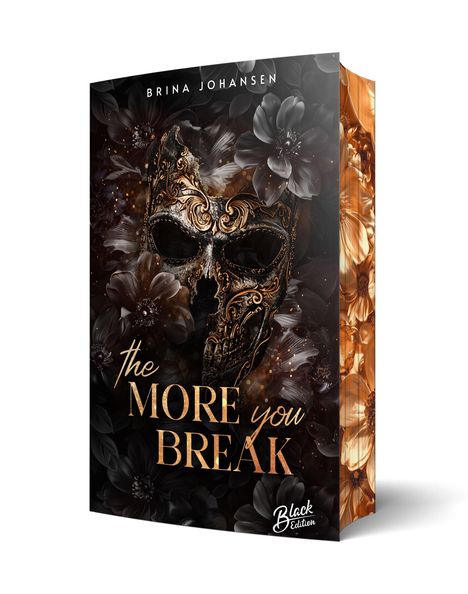 "The More You Break" von Brina Johansen, Black Edition. Goldene Maske mit floralen Mustern auf dunklem Hintergrund.