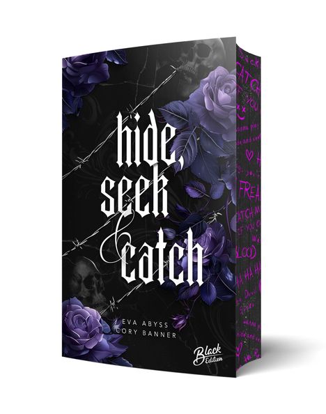 Text: "hide, seek & catch" von Eva Abyss und Cory Banner. Hintergrund: dunkles Design, violette Rosen und Totenköpfe.