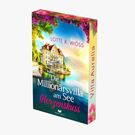 Buchcover mit dem Titel "Die Millionärsvilla am See: Herzenskuß" von Lotte R. Wöss. Malerische Villa am See im Hintergrund.