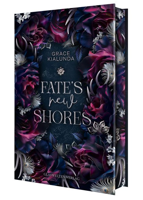 Cover mit Text: "Grace Kialunda, Fate's New Shores". Farbenfrohe, üppige Blumen in Dunkelviolett und Blau. Glaswelten Verlag.