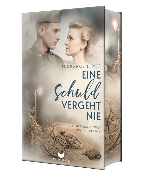 Text: "Florence Jones. Eine Schuld vergeht nie. Drei Generationen. Ein Geheimnis." Ein Uniformierter und eine Frau, Fahrrad und Laterne.