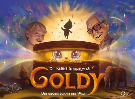 „Die kleine Sternflocke Goldy: Der größte Schatz der Welt“. Eine leuchtende Truhe, ein Kind und ein älterer Mann strahlen.