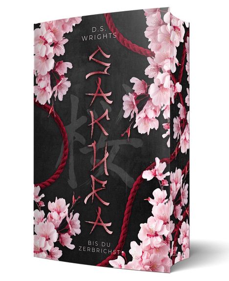 D.S. Wrights, Sakura, Bis du zerbrichst. Rosa Blüten und rote Seile auf dunklem Hintergrund.