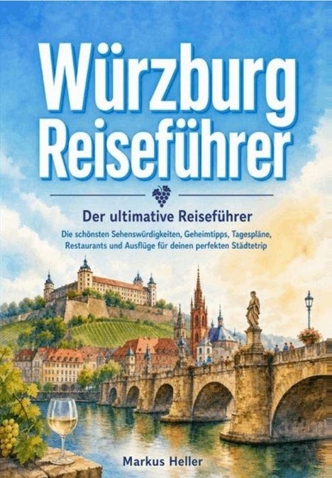 Text: "Würzburg Reiseführer. Der ultimative Reiseführer. Markus Heller." Illustration: Stadtansicht mit Brücke und Festung.