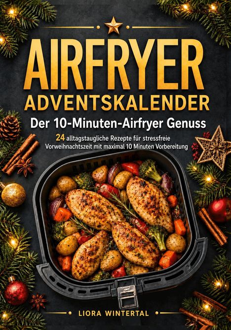 "Adventskalender Der 10-Minuten-Airfryer Genuss." Schokoladenkuchen, weihnachtlich dekoriert, Airfryer im Hintergrund.