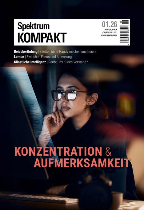 Ein Magazincover mit Texten: "Spektrum Kompakt", "Reizüberflutung", "Lernen", "Künstliche Intelligenz", "Konzentration & Aufmerksamkeit". Eine Frau mit Brille am Laptop.