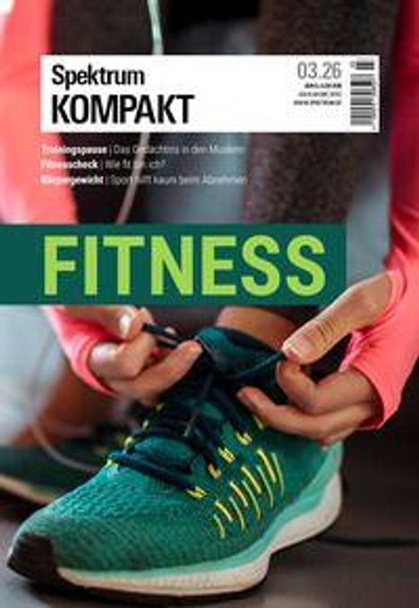 "Spektrum Kompakt 03.26", "FITNESS". Hände binden grüne Laufschuhe mit oranger Kleidung im Hintergrund.