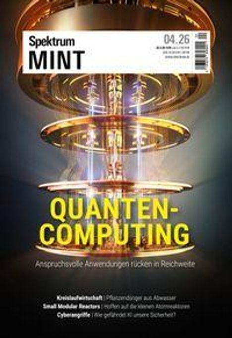 "Quanten-Computing: Anspruchsvolle Anwendungen rücken in Reichweite". Gelbe Schrift vor einem stilisierten Quantencomputer.