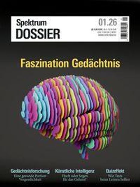 "Spektrum Dossier: Faszination Gedächtnis. Bunte, gestapelte Gehirn-Illustration. Themen: Gedächtnisforschung, Künstliche Intelligenz, Quizzefekt."