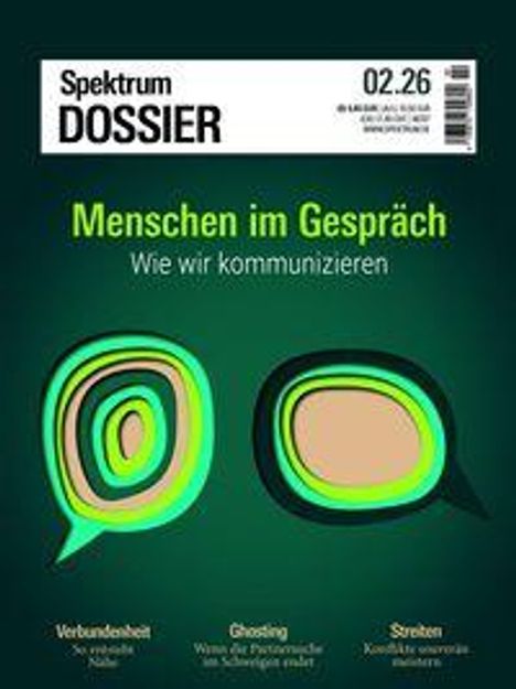 Spektrum Dossier 02.26. Menschen im Gespräch: Wie wir kommunizieren. Illustration von zwei stilisierten Sprechblasen.