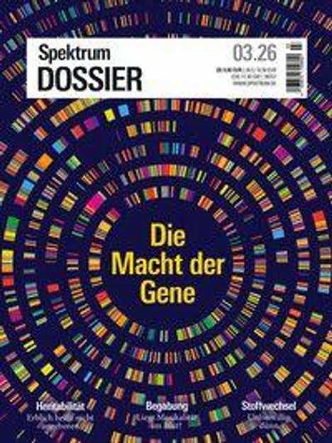 Titel: Die Macht der Gene. Kreismuster aus bunten Streifen auf dunkelblauem Hintergrund.