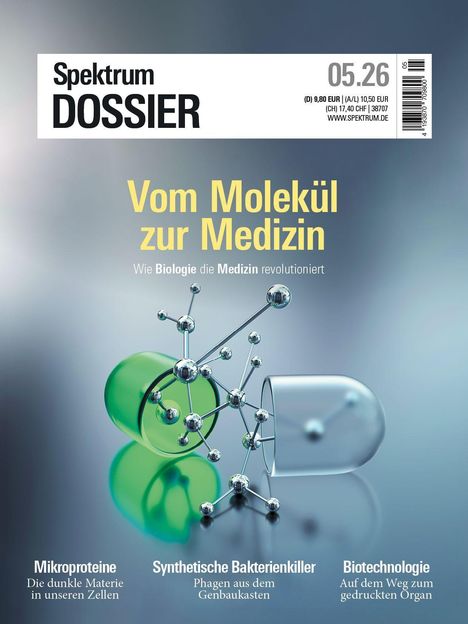 Titel: "Vom Molekül zur Medizin". Themen: Mikroproteine, synthetische Bakterienkiller, Biotechnologie. Molekülillustration.