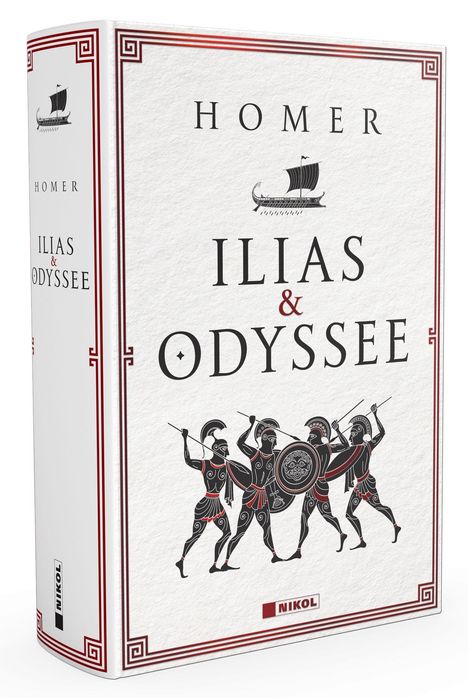 „Ilias & Odyssee“ von Homer. Illustration von kämpfenden Kriegern in antikem Stil, Schiffsmotiv darüber.
