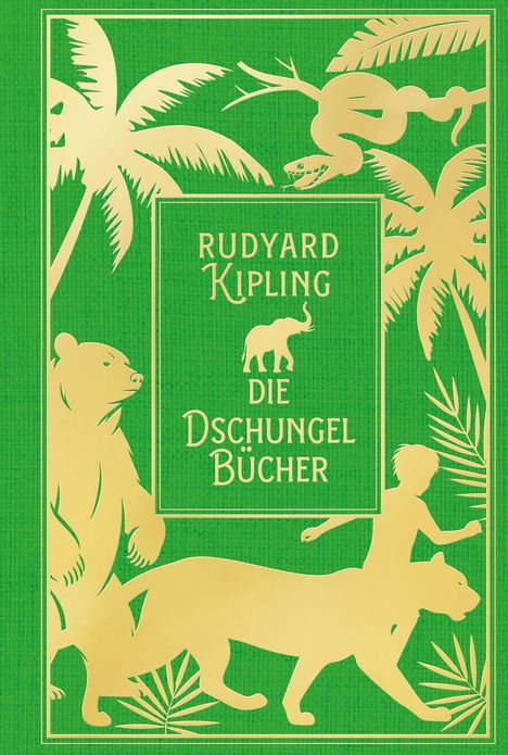 "RUDYARD KIPLING DIE DSCHUNGEL BÜCHER". Goldene Silhouetten: Bär, Panther, Junge, Palme, Schlange auf grünem Hintergrund.