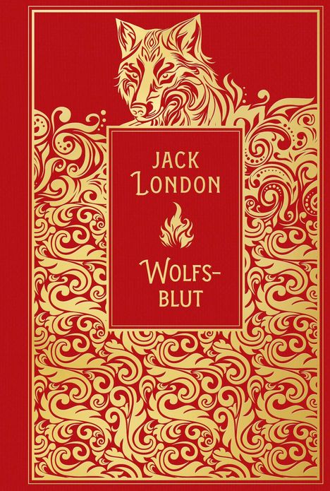 Jack London, Wolfsblut. Illustration: Goldener Wolfskopf und Muster auf rotem Hintergrund.