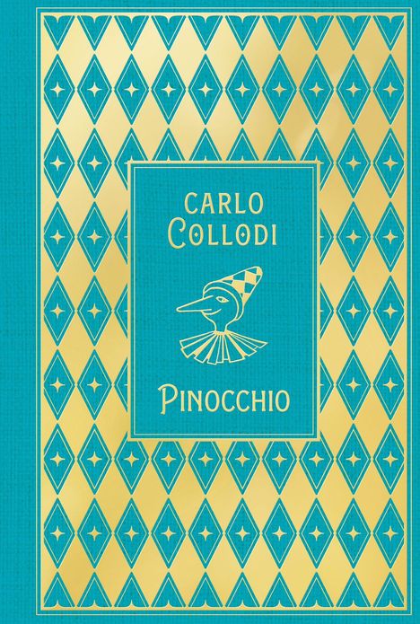 Text: "Carlo Collodi, Pinocchio". Ein stilisiertes Profil von Pinocchio, mit geometrischem, rautenförmigem Muster in gold und türkis.