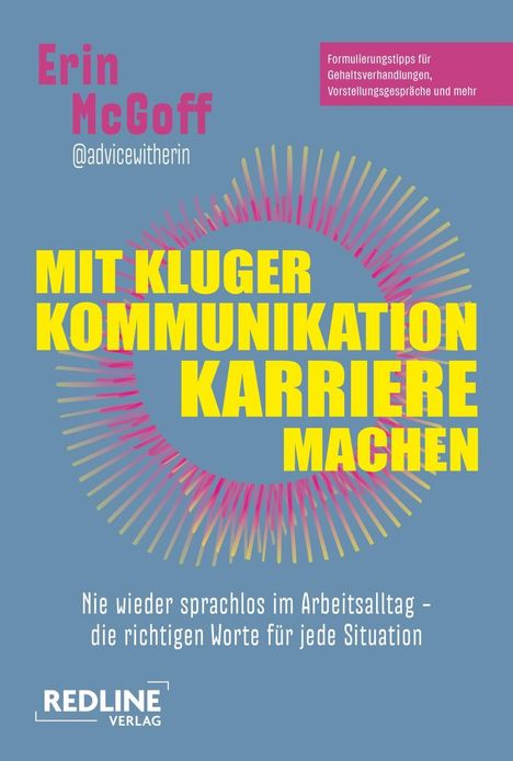 "MIT KLUGER KOMMUNIKATION KARRIERE MACHEN" in Gelb auf Blau, mit buntem, strahlenförmigem Muster.