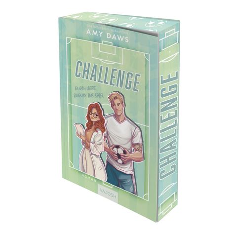 CHALLENGE: Durch Liebe zurück ins Spiel. Illustration eines Paares, sie mit Notizblock, er mit Fußball.