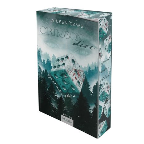 Cover mit den Texten: "Aileen Dawe", "Crimson Dice", "Spiel oder stirb", "Roman", "Vajosh". Ein blutiger Würfel schwebt über einem Wald.