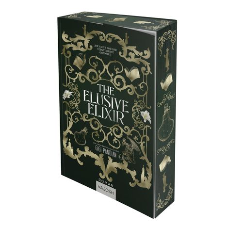 "The Elusive Elixir" von Gigi Pandian. Cover in Dunkelgrün mit goldenen Ornamenten, Büchern und Flaschen.