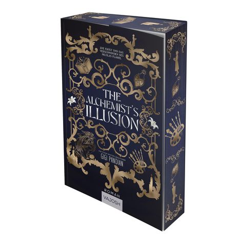 "The Alchemist's Illusion" von Gigi Pandian. Dekorative, goldene Verzierungen mit alchemistischen Symbolen auf dunkelblauem Hintergrund.