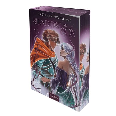 "Buchtitel: 'Shadow and Son' von Gretchen Powell Fox. Illustration zeigt zwei Personen in Fantasiekleidung, die sich ansehen."