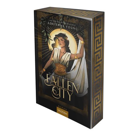 Text: Adrienne Young, Fallen City, Wo Götter über Herzen richten, Roman, Vajosh. Illustration: Frau in antikem Kleid.