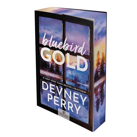 "bluebird GOLD" und "DEVNEY PERRY" in Weiß. Buchcover mit Fenster, Bergen und Bäumen in lila-blauen Tönen.