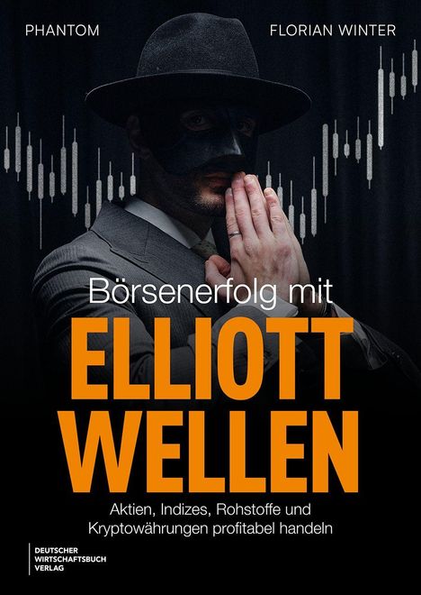 „Börsenerfolg mit ELLIOTT WELLEN“; Mann mit Maske und Hut im Anzug mit Kerzenchart-Hintergrund.