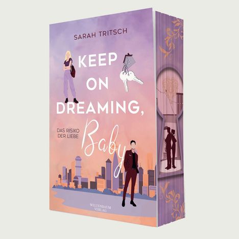 Ein Buchcover mit dem Titel "Keep on Dreaming, Baby: Das Risiko der Liebe" von Sarah Tritsch. Illustration: Stadt und Paar.